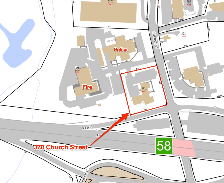 Annotated Guilford GIS map showing 370 Church Street beside the police and fire facilities, Route 77, and Interstate 95 at Exit 58